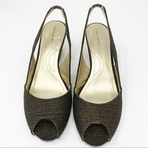 New Tahari Leola Black Sling Back Peep Toe Wedges